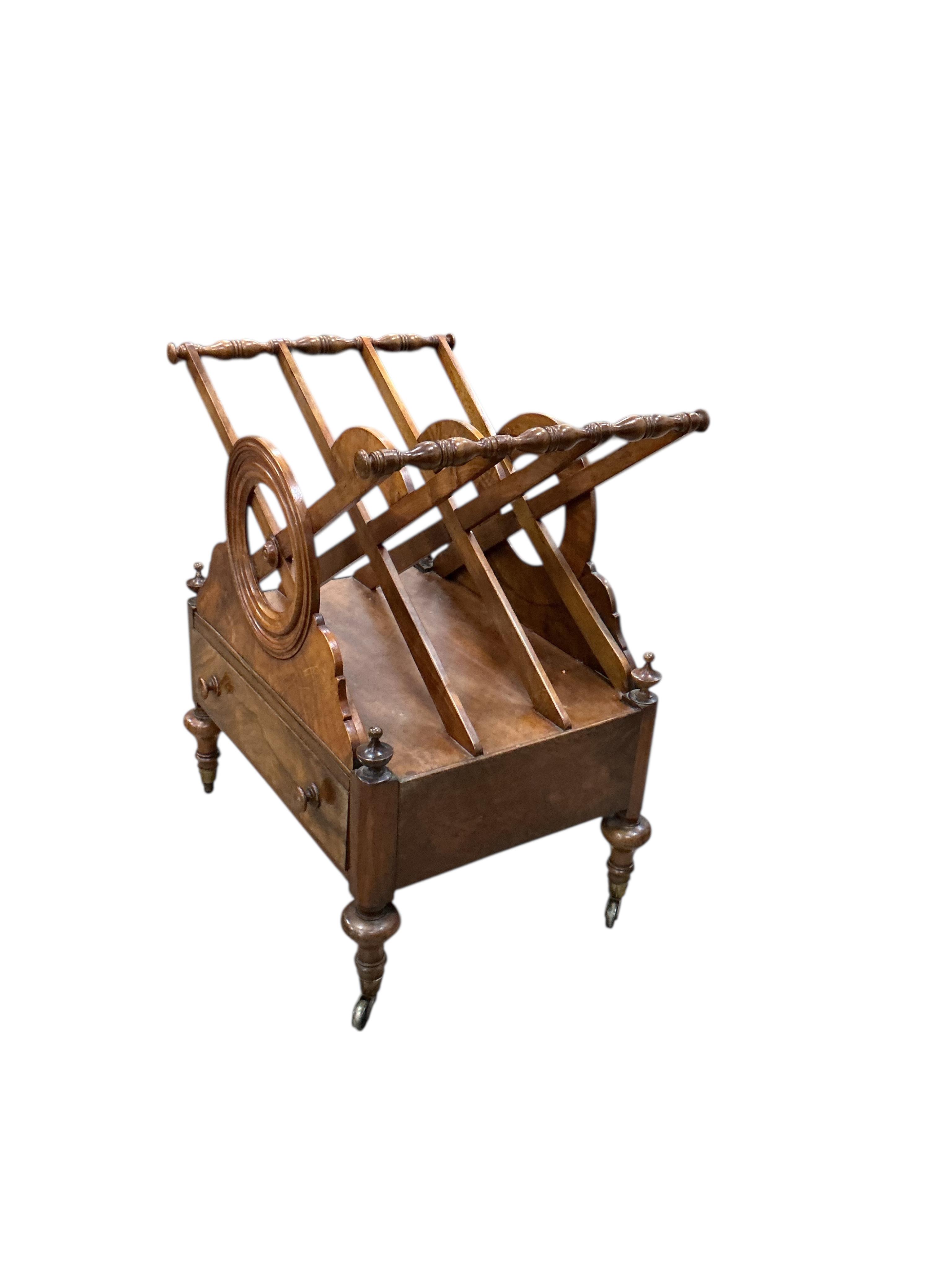 An early Victorian walnut three division Canterbury, width 54cm, depth 40cm, height 83cm